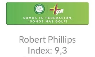 Colombian Golf Federation card showing Robert Phillips, Index 9,3