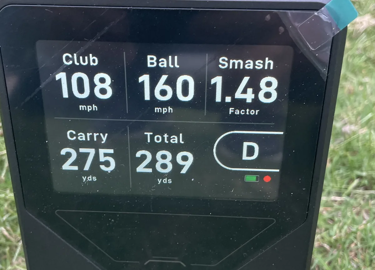 Shot Scope launch monitor: 108 mph club speed, 160 mph ball speed, 1.48 smash factor, 275 yard carry, 289 yards total